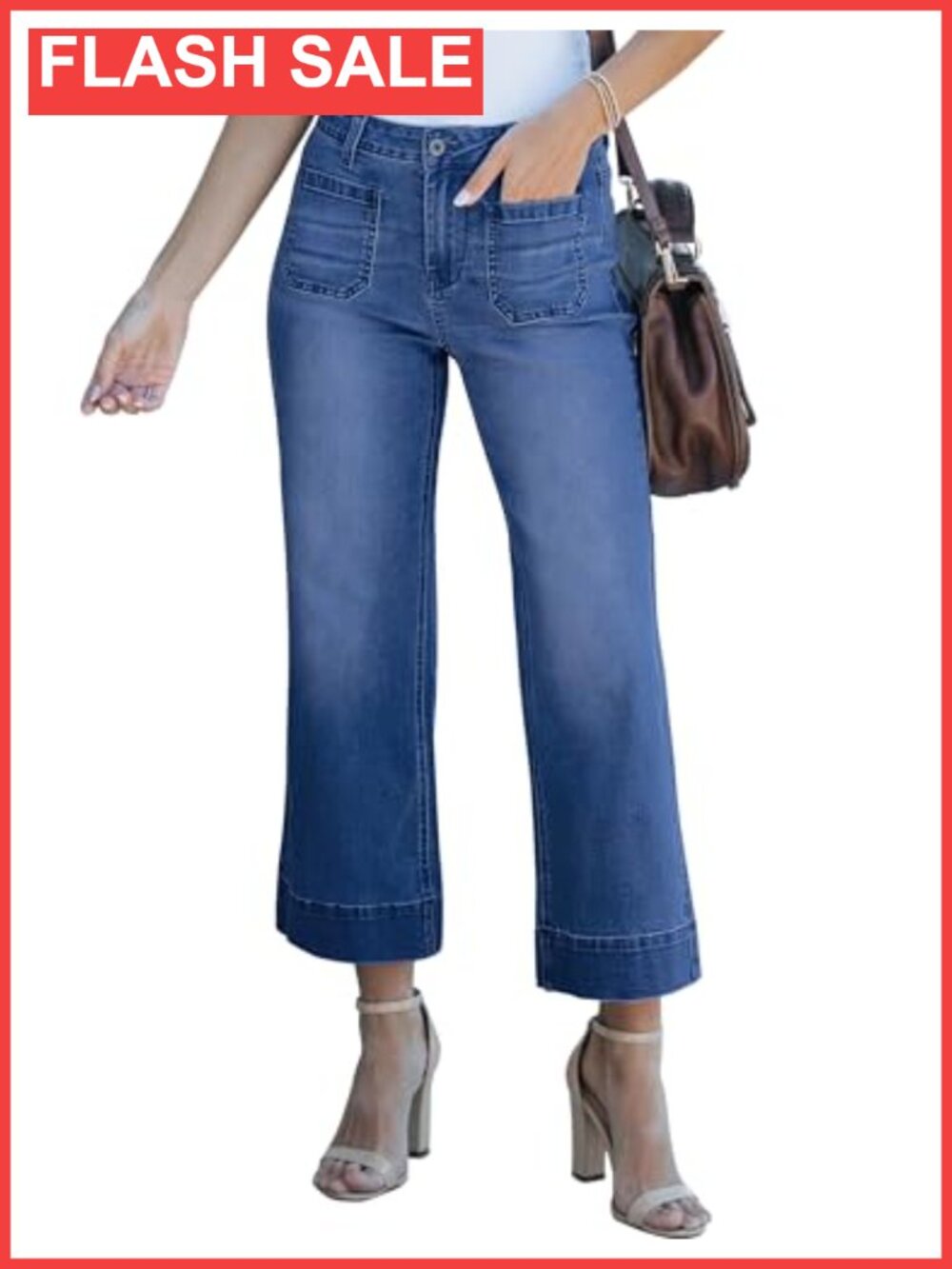 High Waisted Wide Leg Crop Flare Jeans Stretchy Denim